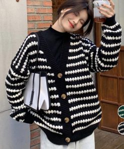 カーディガン | 配色ボーダー柄ニットカーディガンVネック