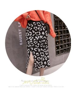 スカート | ロング 秋 冬 Aライン ロング丈 ハイウエスト ヒョウ柄 かっこいい セクシー  スリット ニット 韓国風 高見え デート おでかけ 2022新作 女子会 細見え