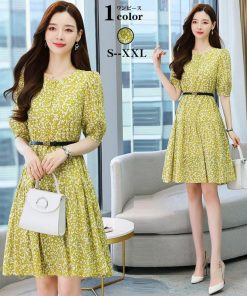ミディアム | Aラインワンピース 膝丈 花柄 ワンピース ミディアムワンピース 5分袖 韓国風 エレガント カジュアルワンピース サマーワンピース 通勤通学 上品 おしゃれ 上品