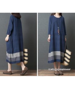 マキシ | リネンワンピース50代レディース綿麻風 長袖秋物 丸ネック 無地 Aラインワンピース ミモレ丈ワンピース サイドポケット ワンピース 30代40代 シンプル 大人