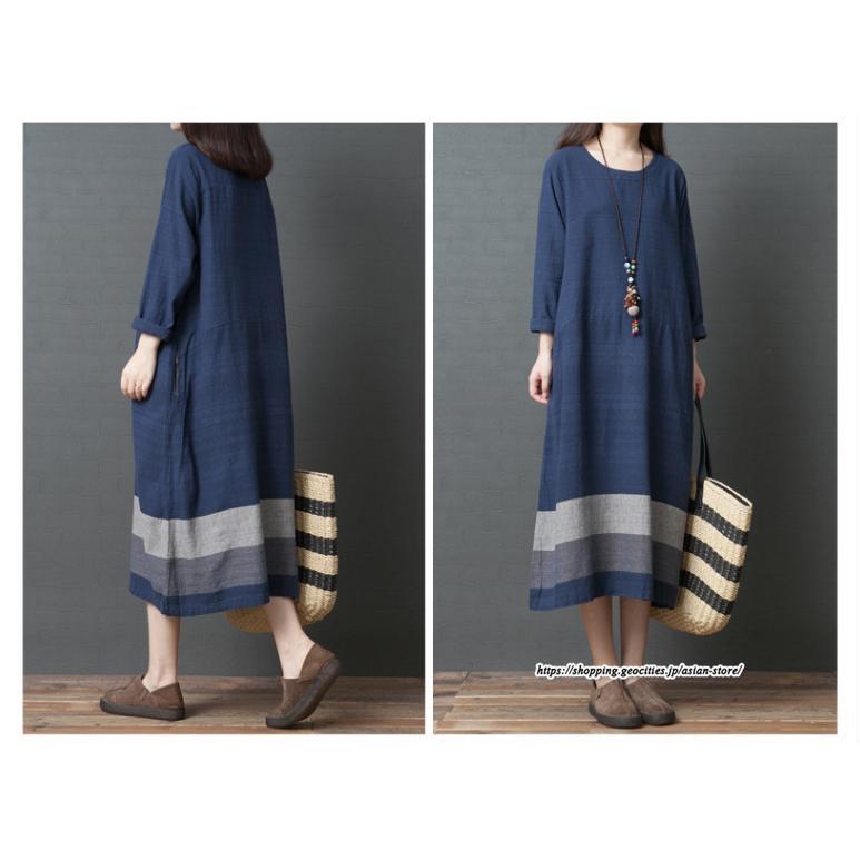 マキシ | リネンワンピース50代レディース綿麻風 長袖秋物 丸ネック 無地 Aラインワンピース ミモレ丈ワンピース サイドポケット ワンピース 30代40代 シンプル 大人