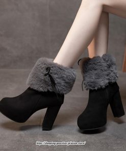ブーツ | ショートレディース 10cmハイヒール ファー 冬用 保温防寒 太めヒール サイドジッパー スエード調 痛くない 冬靴 オシャレ 歩きやすい 痛くない