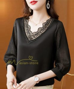 tシャツ・カットソー | Tシャツ レディース 7分袖 七分袖 カジュアル Vネック おしゃれ 女性用 シンプル 無地 ブラック 着痩せ レース付き シフォンシャツ 母の日 20代30代40代50代