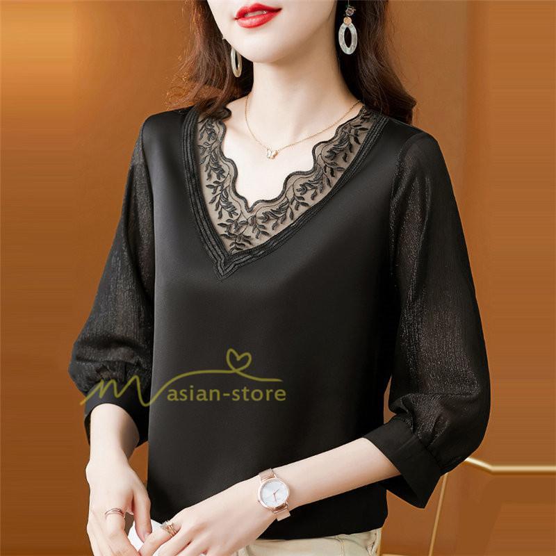 tシャツ・カットソー | Tシャツ レディース 7分袖 七分袖 カジュアル Vネック おしゃれ 女性用 シンプル 無地 ブラック 着痩せ レース付き シフォンシャツ 母の日 20代30代40代50代