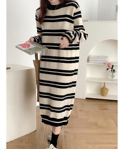 ニットワンピース | ワンピース 秋冬 ロングワンピース ミモレ丈 ボーダー ゆったり 体型カバー 柔らか 大人 長袖 ニット 50代 20代30代 アウター セーター