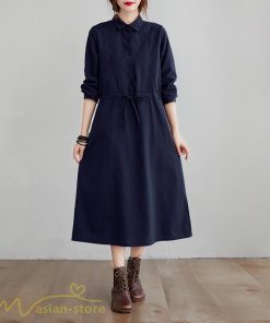 ワンピース | 長袖綿麻Aラインレディース ロングミモレ丈 無地 シャツカワイイ 大人 ワンピ