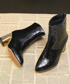 ショートブーツ | 大きいサイズレディース ポインテッドトゥ チャンキーヒール 柄 太ヒール バックファスナー 27cm ミドルヒール シューズ ブーツ 黒ブーツ