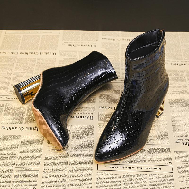 ショートブーツ | 大きいサイズレディース ポインテッドトゥ チャンキーヒール 柄 太ヒール バックファスナー 27cm ミドルヒール シューズ ブーツ 黒ブーツ