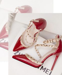 サンダル | レディース エレガント ハイヒール リベット ポインテッドトゥ ピンヒール アンクルストラップ シューズ 痛くない パンプス