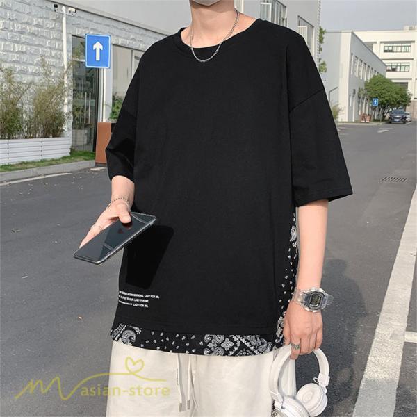Tシャツ | Tシャツ メンズ 半袖 重ね着風 カジュアル半袖tシャツ 夏新作 メンズスタイル カットソー 上品 切り替え 2XL 大きいサイズ クルーネック 黒 白