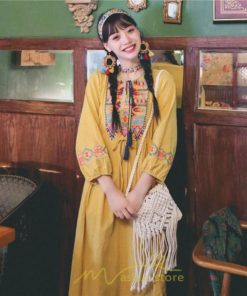 マキシ | ロングワンピース  レディース 夏 秋 夏秋 リゾート ロング ワンピ 長袖 大人 白 黄色 青 赤 四色展開 がーりー 刺繍 レトロ風 かわいい おしゃれ きれいめ 上品