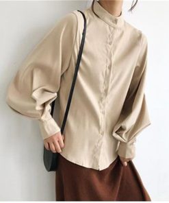 シャツ・ブラウス | シャツブラウス レディーストップス スタンドカラーブラウス 長袖ブラウス 無地シャツ バルーンスリーブ 春夏 リゾート ゆったり エレガント 通学通勤