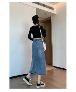 スカート | ウエストゴムデニムロング秋冬 ミモレ丈 秋物 レディース ひも付き フロントスリット Aライン大きいサイズあり スカート 6XL デニム