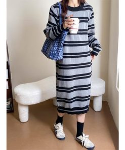 ニットワンピース | ワンピース 秋冬 ロングワンピース ミモレ丈 ボーダー ゆったり 体型カバー 柔らか 大人 長袖 ニット 50代 20代30代 アウター セーター