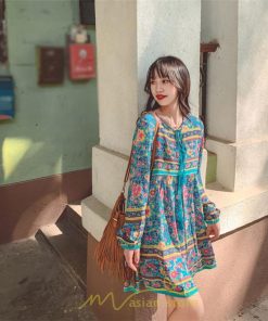 ミニ丈 | ワンピース レディース 春 夏 長袖 膝上 ショート 民族風 花柄 エスニック ボヘミアン 高品質 海外旅行 海デート 着痩せ Vネック レトロ リゾート カジュアル