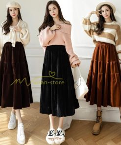 スカート | ロングティアードAラインミモレ丈 フレアビロードウエストゴム ハイウエスト 秋冬 無地 ゆったり