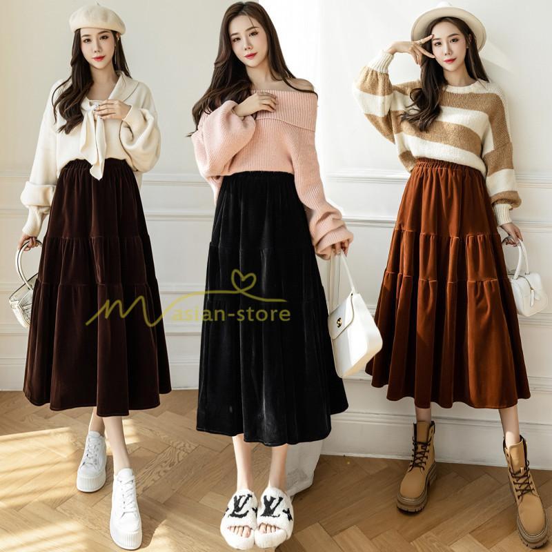 スカート | ロングティアードAラインミモレ丈 フレアビロードウエストゴム ハイウエスト 秋冬 無地 ゆったり