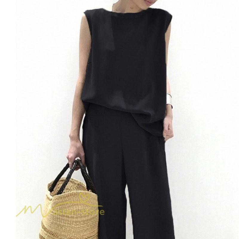 セットアップ | ワイドパンツ タンクトップ レディース 落ち感 大人 ルームウェア 30代40代 お出かけ 2点セット 夏物 可愛い 上下セット カジュアル 秋服