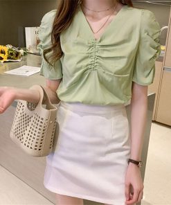 シャツ・ブラウス | シャツ ブラウス レディース バルーンスリーブ 半袖ブラウス Vネック トップス ファッション 無地 シャーリング サマー 通学 通勤 着痩せ 着回し 2020夏新作