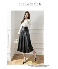 スカート | レザーフレアロング レディース ベルト付き ボトムス ロングAライン ミモレ丈 かっこいい 着痩せ キレイめ スリット