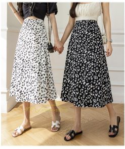 スカート | ミモレ丈 柄 ロング 秋 フレアウエストゴム ヒョウ柄 マキシ 白 黒 カジュアル 通勤通学 ロング20代30代40代 お出かけ