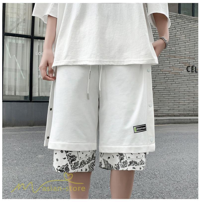 ハーフパンツ ショート | ハーフパンツ メンズ ショート丈 新作 夏コーデ おしゃれ 重ね着 レイヤード風 白 黒 日常感 カジュアル 運動着 ワイドパンツ ゆったり スウェットパンツ 着回し