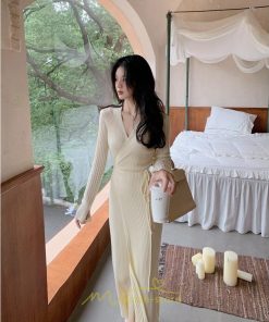 ニットワンピース | ワンピース 春 春服 レディース 長袖 ゆったり 秋 冬 vネック 着痩せ スリット 旅行 女子会 デート 20代30代40代50代 お出かけ