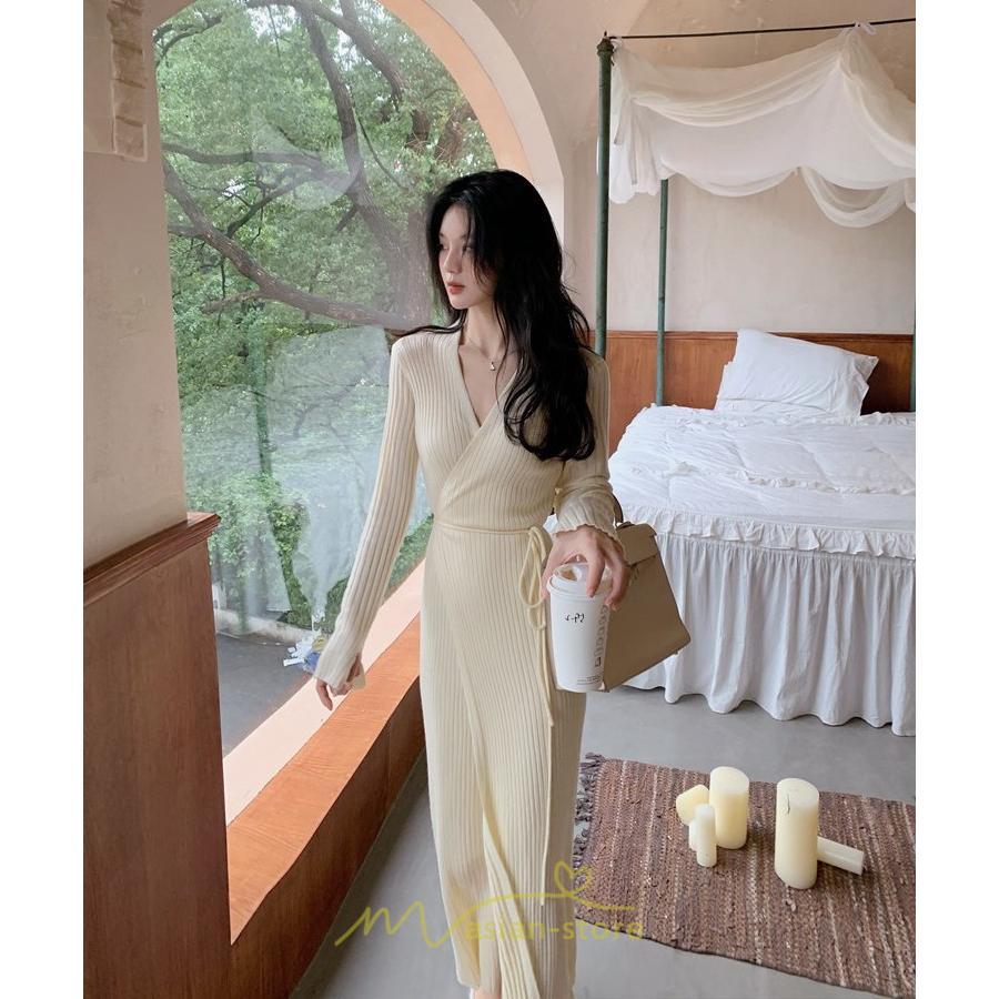 ニットワンピース | ワンピース 春 春服 レディース 長袖 ゆったり 秋 冬 vネック 着痩せ スリット 旅行 女子会 デート 20代30代40代50代 お出かけ