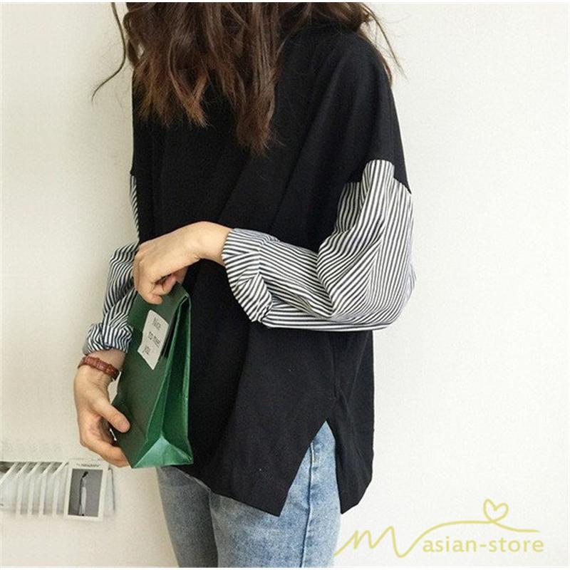 tシャツ・カットソー | Tシャツ レディース カットソー 長袖 シャツ 切り替え 可愛い スリット 体型カバー 夏服 春物 秋物 20代30代40代 トップス 黒 白 シンプル 学生 大人 女の子