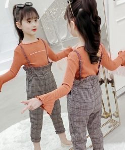 （子供）その他 | ズボン 2点セット 長ズボン セットアップ トップス 長袖 子供服 キッズ チェック柄 ブラウン 女の子 ワイドパンツ