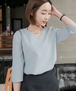 シャツ・ブラウス | シャツブラウス レディース シャツ 五分袖 Vネック 無地 トップス カットソー 可愛い 大人 30代 40代 50代 フォーマル ピンク 白 ブルー オフィス