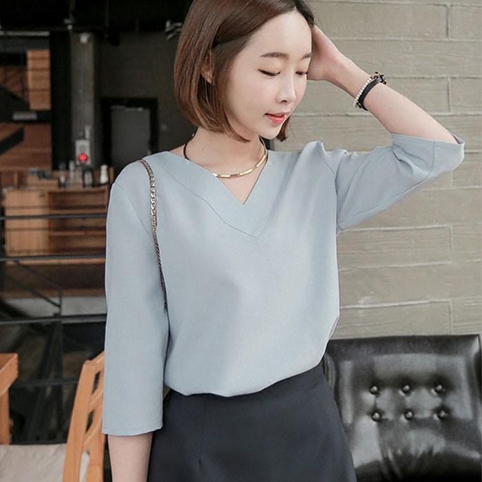 シャツ・ブラウス | シャツブラウス レディース シャツ 五分袖 Vネック 無地 トップス カットソー 可愛い 大人 30代 40代 50代 フォーマル ピンク 白 ブルー オフィス