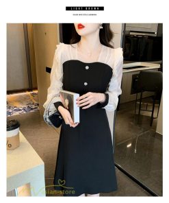 ミディアム | Aラインワンピース 切り替えワンピース 秋コーデ レディース 長袖 膝丈ワンピース 美ライン シルエット 無地 フォーマル 黒ワンピース お呼ばれ オフィス