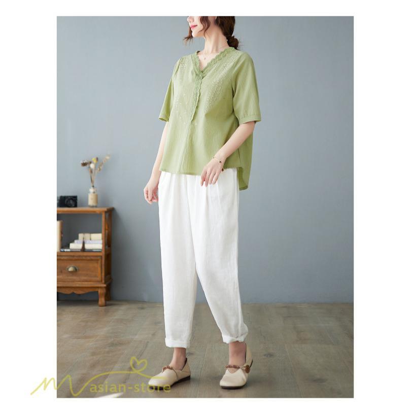 tシャツ・カットソー | Tシャツ ブラウス レディース Vネック カジュアル エレガント 半袖 30代 40代 カットソー 夏新作 おしゃれ 大きいサイズ 体型カバー コットン 麻混 ゆったり