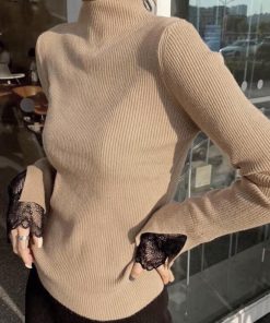 ニット・セーター | フェミニン 秋 スリムフィット 長袖 リブニットトップス レディース 袖レース 冬 細見 ニットセーター ハイネック ニットソー