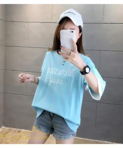 ｔシャツ・カットソー | ワイドTシャツ レディース ロング丈 5分袖 刺繍 韓国風 重ね着風 丸首 Tシャツ トップス 着痩せ 細身 カジュアル 人気 日常 上品 2021 アウトドア 夏新作 薄手