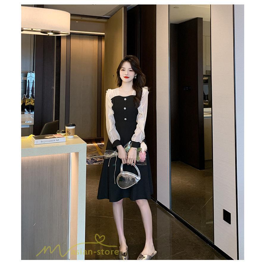 ミディアム | Aラインワンピース 切り替えワンピース 秋コーデ レディース 長袖 膝丈ワンピース 美ライン シルエット 無地 フォーマル 黒ワンピース お呼ばれ オフィス