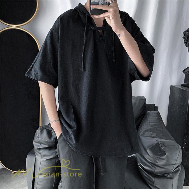 Tシャツ | トップス メンズ カットソー パーカー フード付き カジュアル 無地 7分丈 ゆったり 大きいサイズ 20代 30代 夏新作 ルームウェア 体型カバー シンプル
