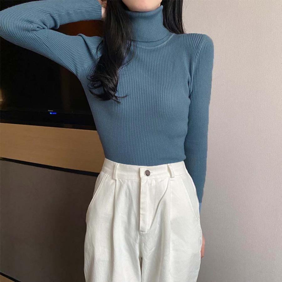 ニット・セーター | リブ ニットトップス タートルネック無地