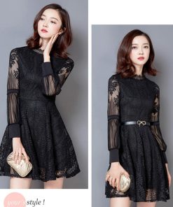 ワンピース | 総レース パーティードレス スカラップ ベルト付き パフスリーブ フレアワンピ 披露宴 レディース 透け感