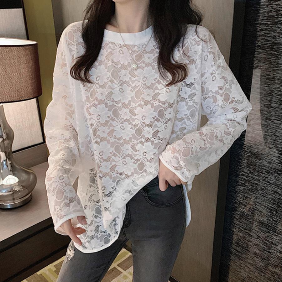 透かし編みトップス | シースルーレーストップス 花柄 春