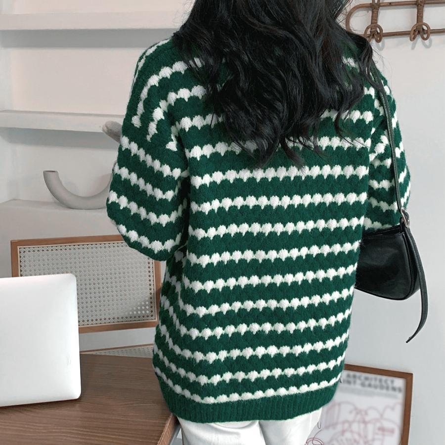 カーディガン | 配色ボーダー柄ニットカーディガンVネック