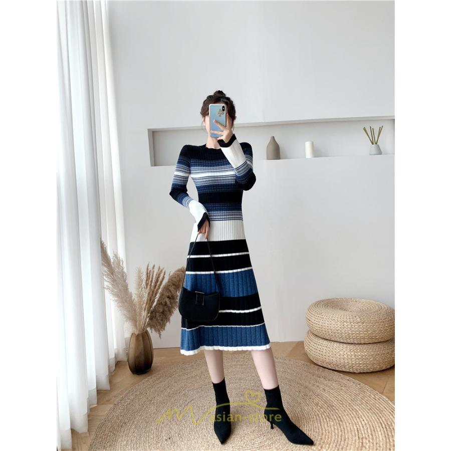 ニットワンピース | ワンピース レディース ニット ワンピース ニット チュニック ロング 長袖 着痩せ 秋冬 送料無料 ボーダー柄 2022新作 韓国風 秋冬コーデ 大人可愛い