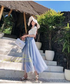 スカート | フレア チュールレディース ロングウエストゴム 春夏 リボン マキシ ドッキング 20代30代40代 着痩せ カジュアル お出かけ