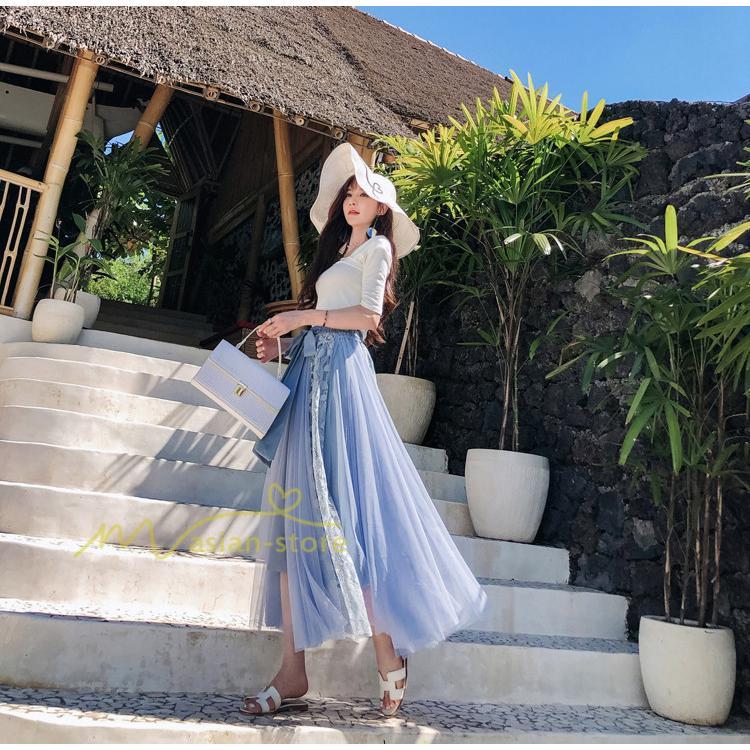 スカート | フレア チュールレディース ロングウエストゴム 春夏 リボン マキシ ドッキング 20代30代40代 着痩せ カジュアル お出かけ