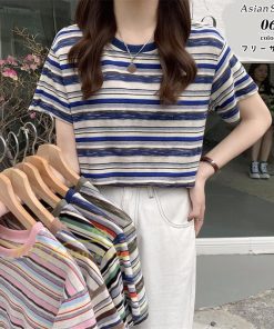ｔシャツ・カットソー | Tシャツ レディース 40代 春夏 オシャレブラウス 韓国風 チュニック 半袖Tシャツ ストライプ柄 通勤通学 カジュアル アウター ゆったり 着痩せ お出かけ 丸首