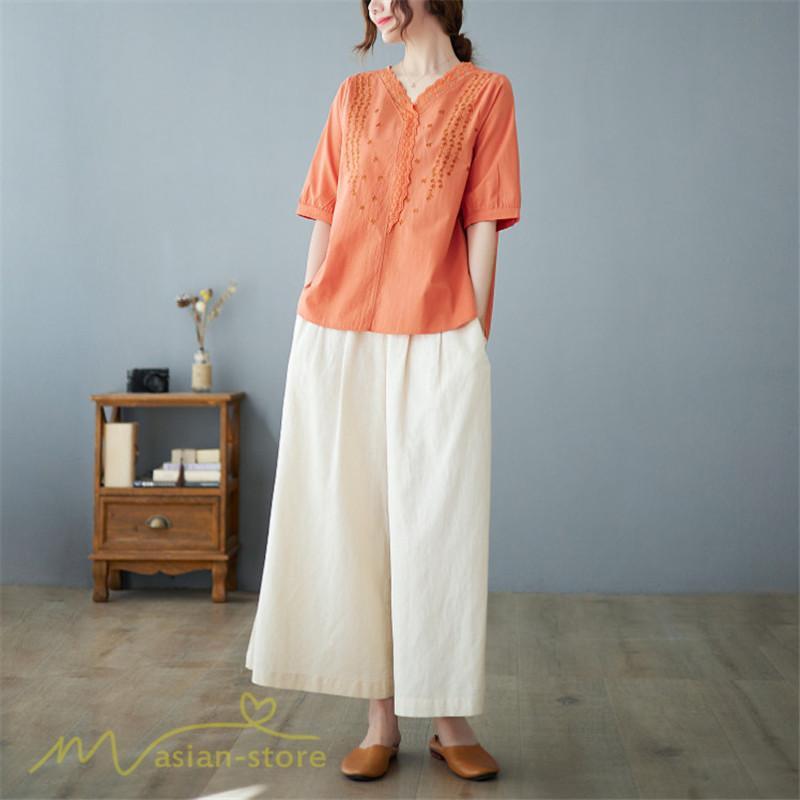 tシャツ・カットソー | Tシャツ ブラウス レディース Vネック カジュアル エレガント 半袖 30代 40代 カットソー 夏新作 おしゃれ 大きいサイズ 体型カバー コットン 麻混 ゆったり