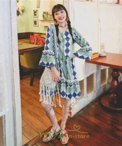 ミニ丈 | ワンピース 夏秋 レディース 長袖 綿麻 ひざ上 ショート かわいい リゾート 休み 旅行 お出かけ 華やか 着痩せ ゆったり 幾何学柄 エスニック風 Vネック 民族風