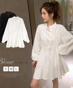 シャツ・ブラウス | レディース 春夏長袖 チュニックワンピ シャツブラウス 白 シャツワンピース ウエストマーク ミニワンピース