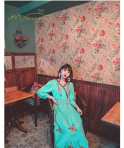 マキシ | ワンピース レディースワンピース 春夏 マキシワンピース ハイウエスト 長袖 二次会 通勤 OL 40代 着痩せ 刺繍 Vネック Aライン カジュアル エスニック 4色